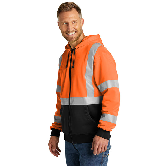 CornerStone® ANSI 107 Class 3 Heavy-Duty Fleece Full-Zip Hoodie- Safety Orange