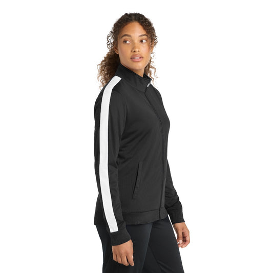 Sport-Tek® Ladies Tricot Sleeve Stripe Track Jacket - Black/White