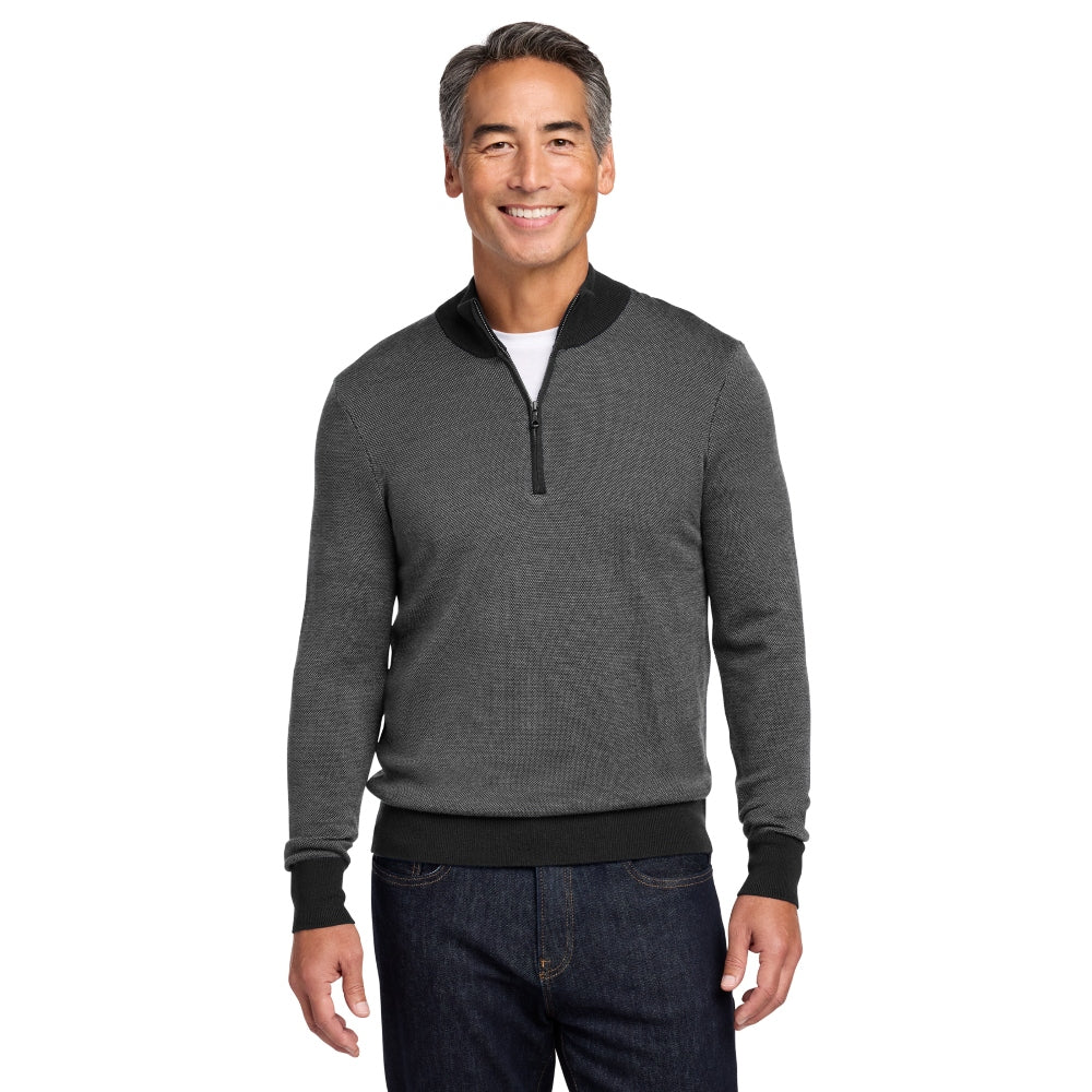 Brooks Brothers® Washable Merino Birdseye 1/4-Zip Sweater - Deep Black/Shadow Grey