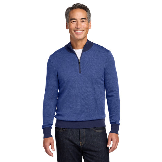 Brooks Brothers® Washable Merino Birdseye 1/4-Zip Sweater - Navy/Compass Blue