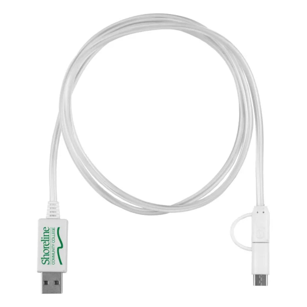 3-in-1 LED Lighted Cell Phone Charging Cable with Type C Adapter - White