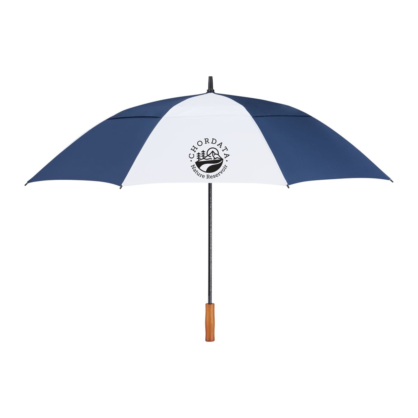 58" Recycled Golf Umbrella with Wooden Handle - Navy/White