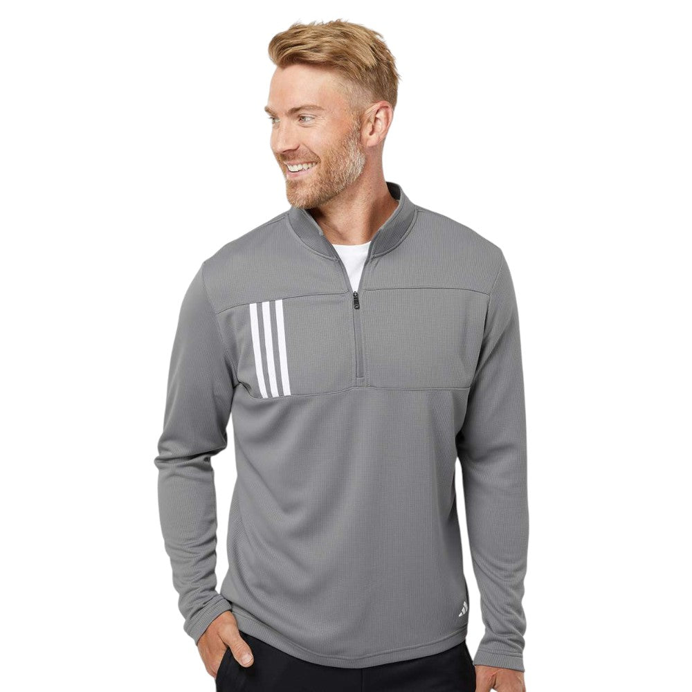 Adidas Men's 3-Stripes Double-Knit Quarter-Zip Pullover - Grey Three/White
