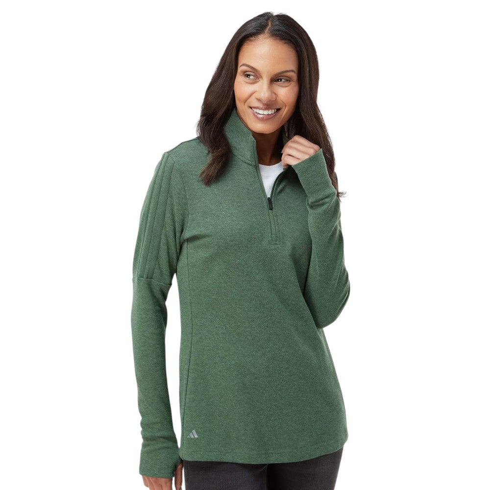 Adidas Women's 3-Stripes Quarter-Zip Sweater Pullover - Green Oxide Melange