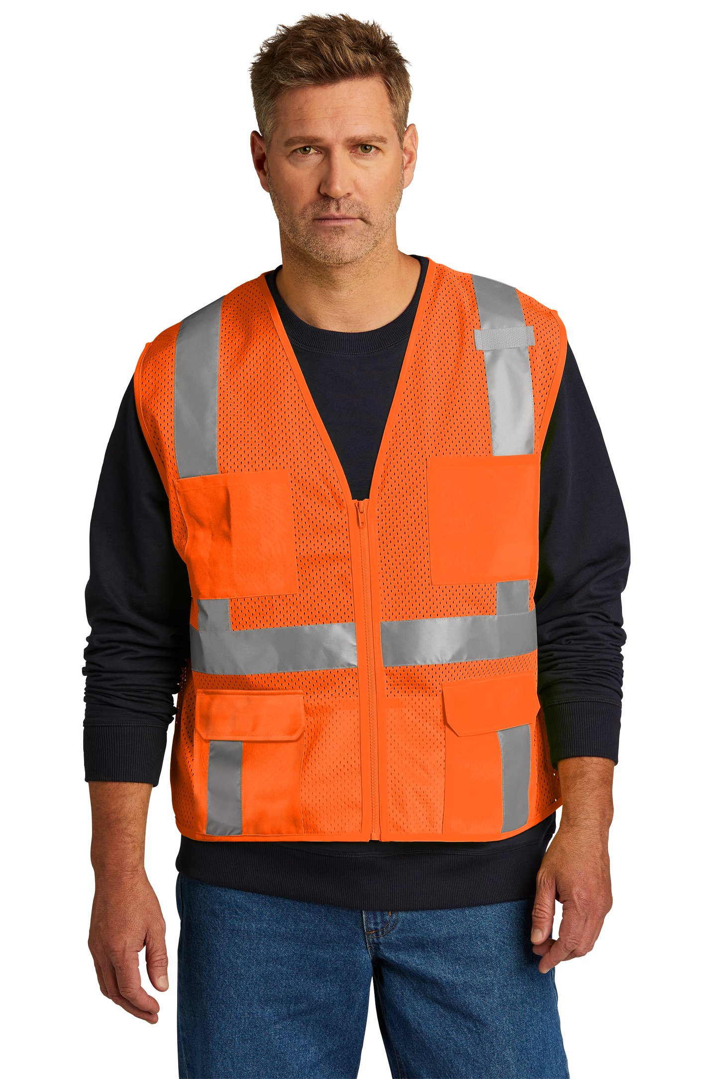 CornerStone® ANSI 107 Class 2 Mesh Six-Pocket Zippered Vest - Safety Orange