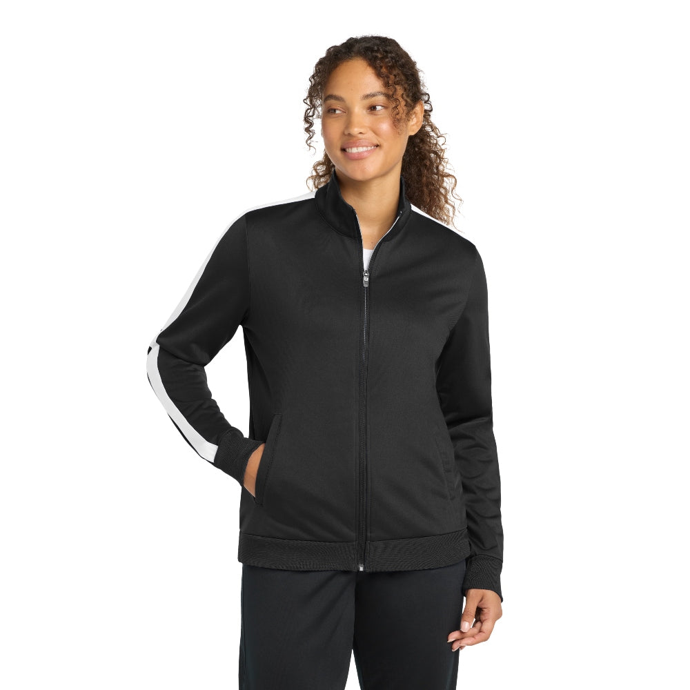 Sport-Tek® Ladies Tricot Sleeve Stripe Track Jacket - Black/White