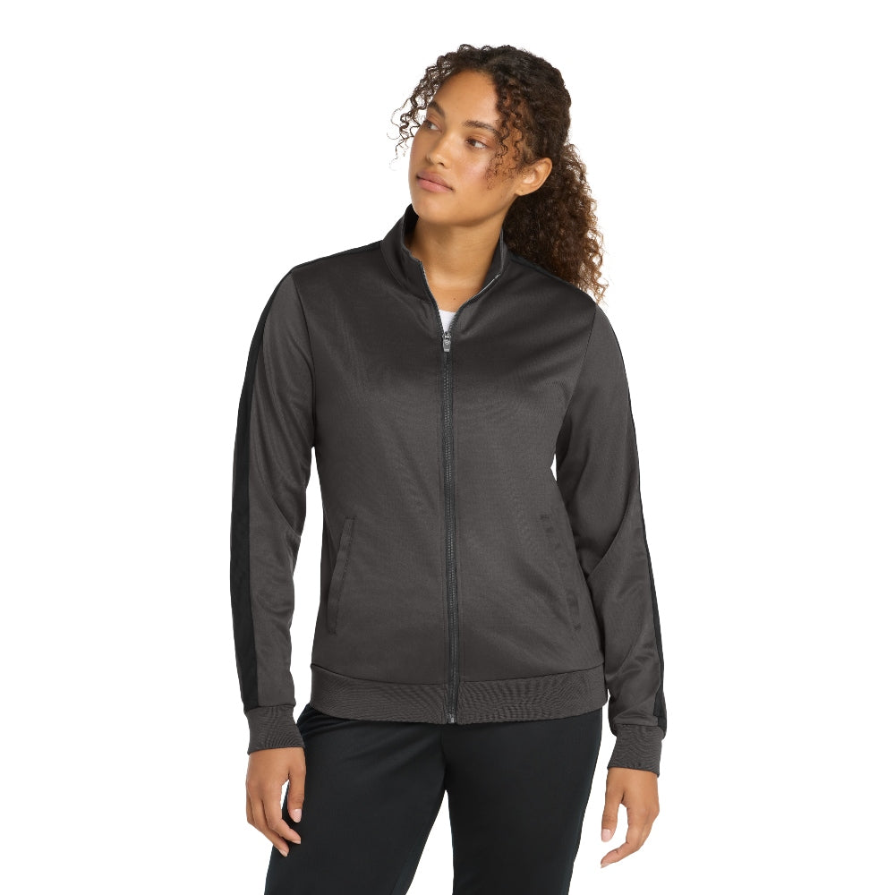 Sport-Tek® Ladies Tricot Sleeve Stripe Track Jacket - Graphite/Black