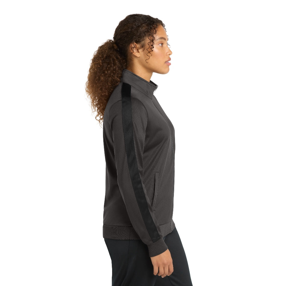Sport-Tek® Ladies Tricot Sleeve Stripe Track Jacket - Graphite/Black