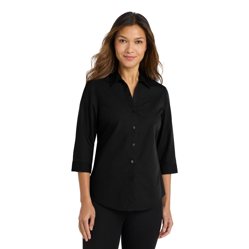 Port Authority® Women's 3/4-Sleeve Carefree Poplin Shirt - Deep Black