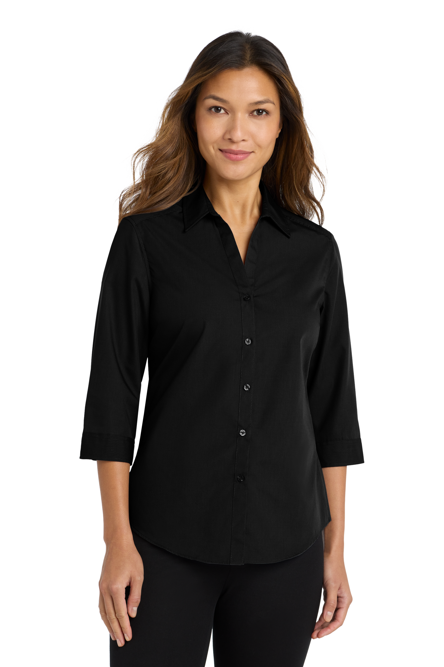 Port Authority® Women's 3/4-Sleeve Carefree Poplin Shirt - Deep Black