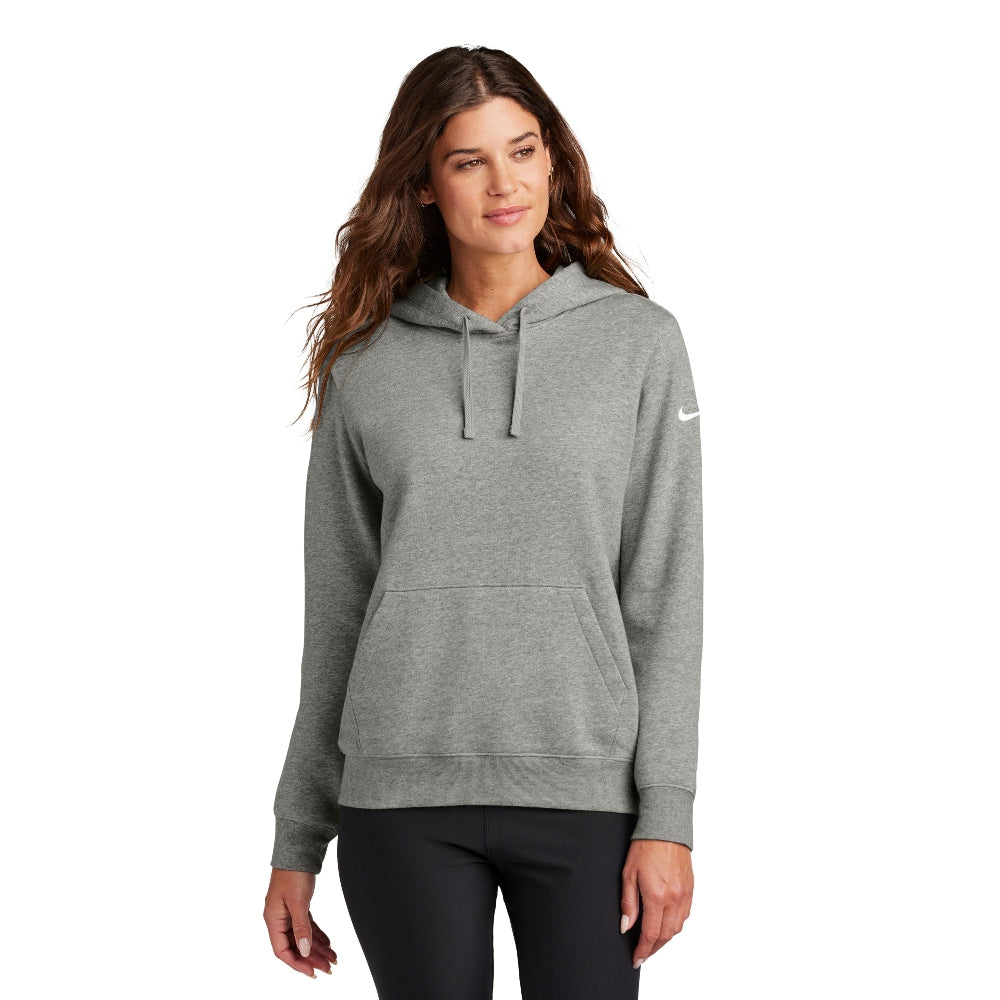Nike Women's Club Fleece Sleeve Swoosh Pullover Hoodie - Dark Grey Heather