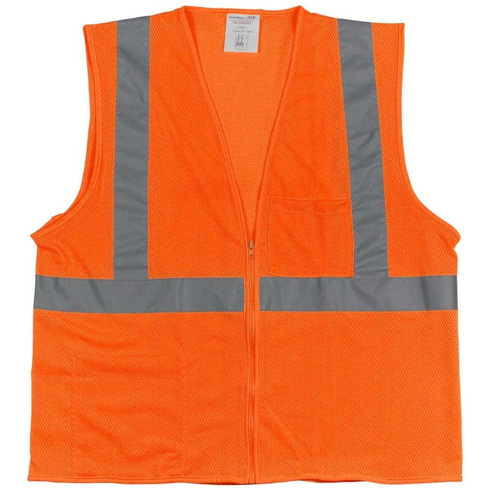 PIP 302-0702Z Economy Type R Class 2 Mesh Safety Vest with Two Pockets & Zipper - Orange