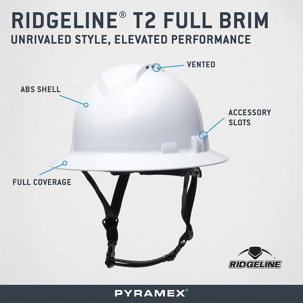 Pyramex HPT256160V Ridgeline T2 Vented Full Brim Hard Hat - 6-Point Ratchet Suspension - White