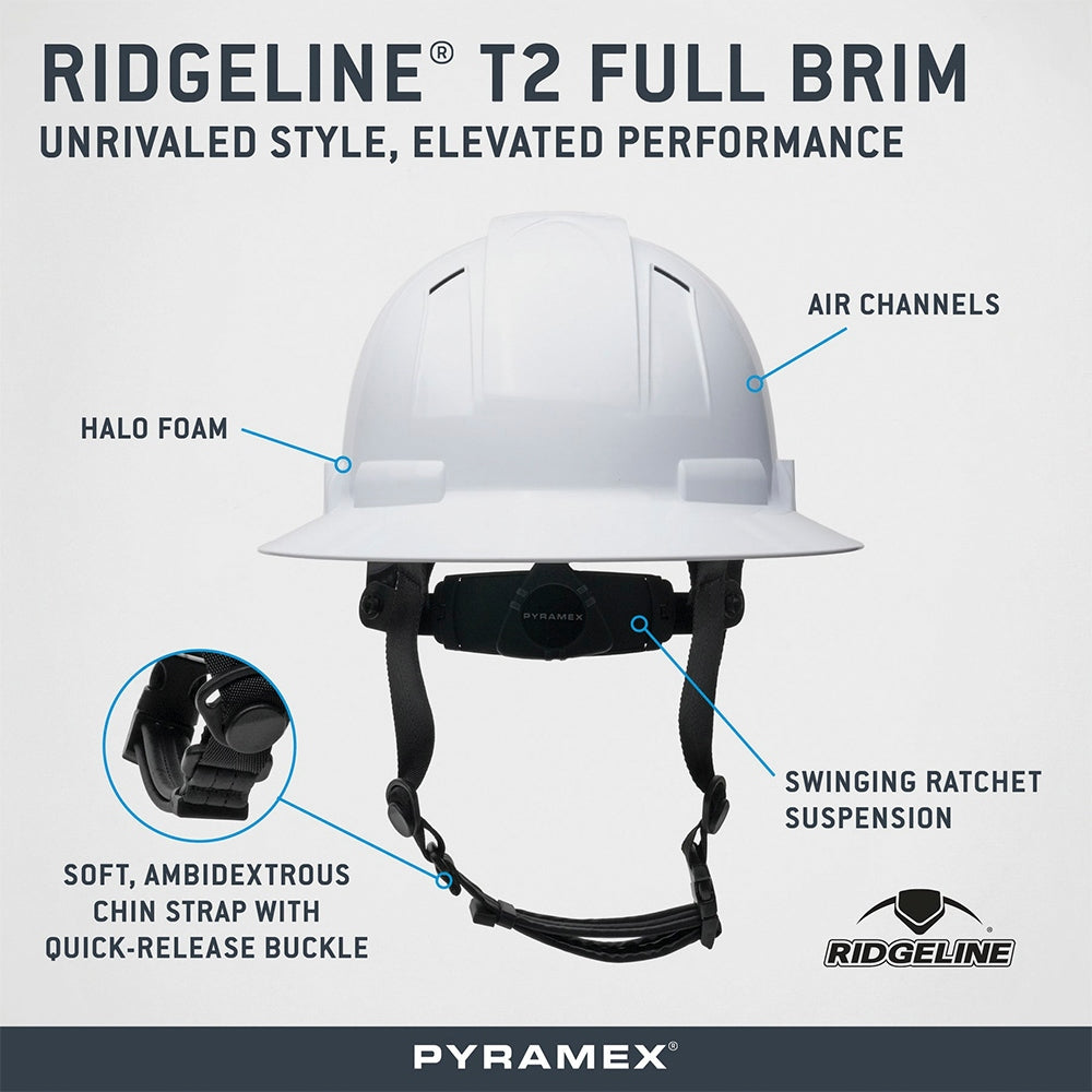 Pyramex HPT256160V Ridgeline T2 Vented Full Brim Hard Hat - 6-Point Ratchet Suspension - White