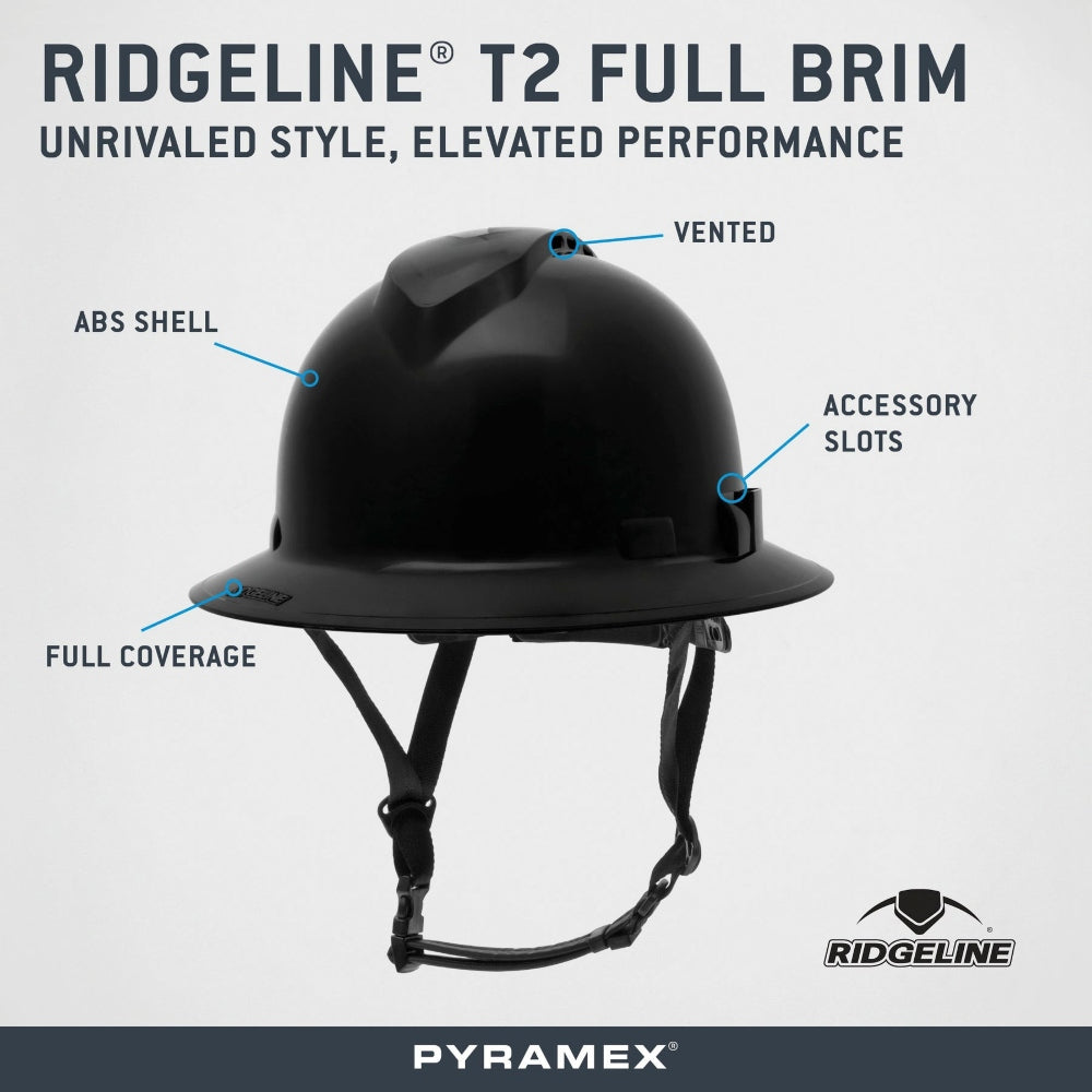 Pyramex HPT256160V Ridgeline T2 Vented Full Brim Hard Hat - 6-Point Ratchet Suspension - Black