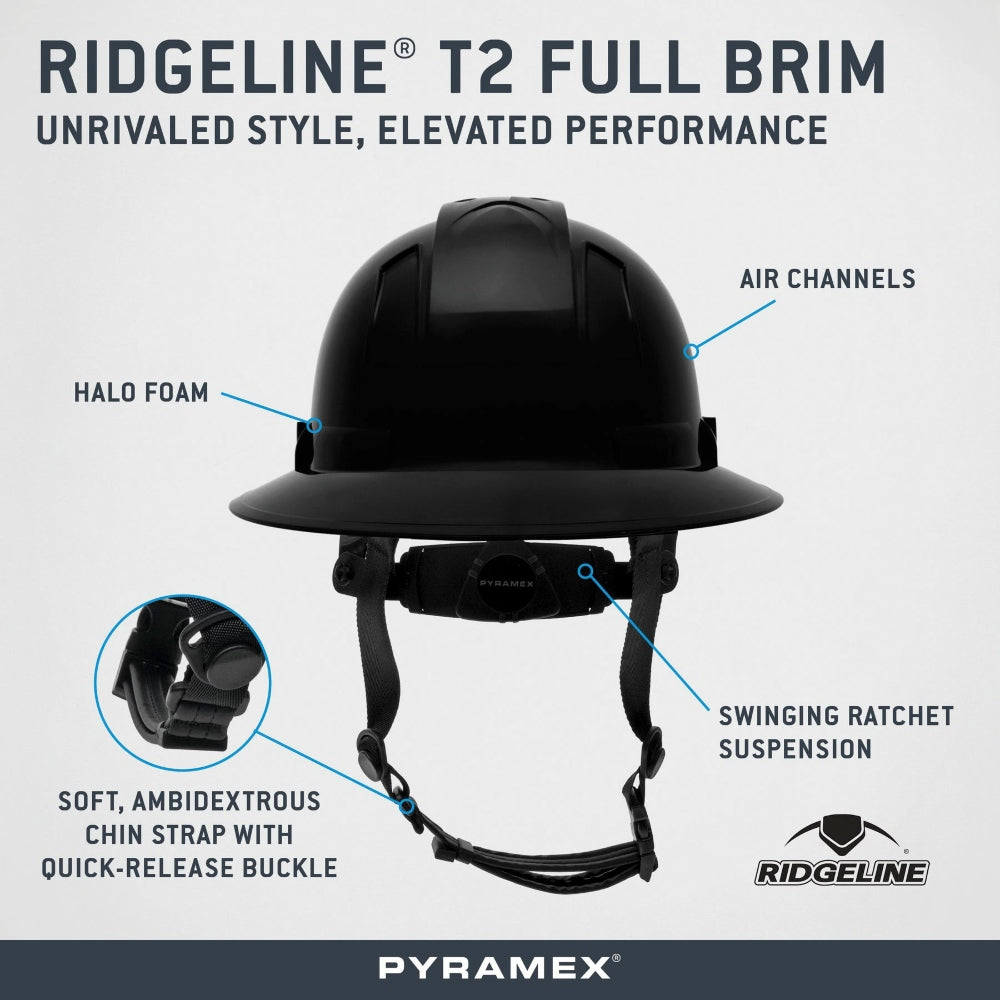 Pyramex HPT256160V Ridgeline T2 Vented Full Brim Hard Hat - 6-Point Ratchet Suspension - Black