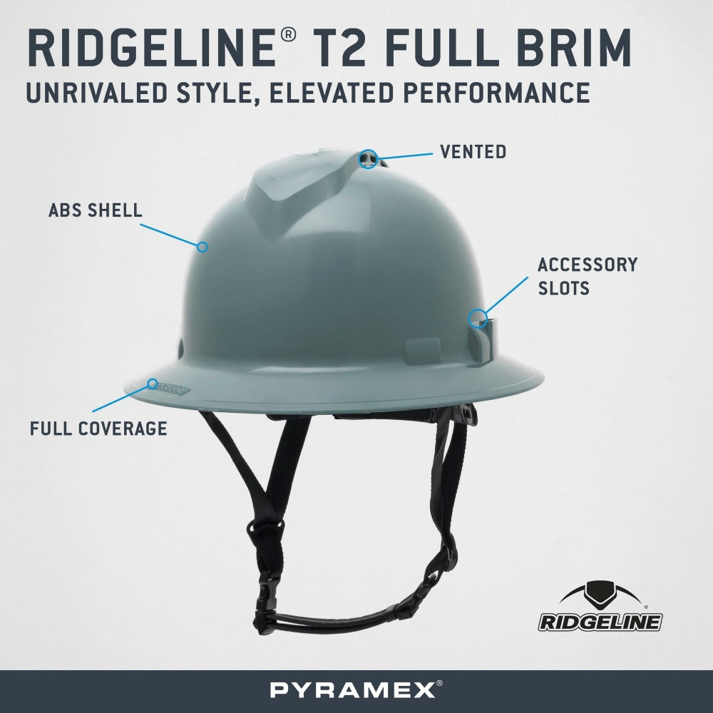 Pyramex HPT256160V Ridgeline T2 Vented Full Brim Hard Hat - 6-Point Ratchet Suspension - Slate Gray