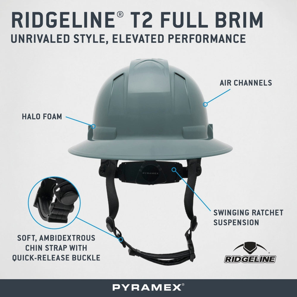 Pyramex HPT256160V Ridgeline T2 Vented Full Brim Hard Hat - 6-Point Ratchet Suspension - Slate Gray