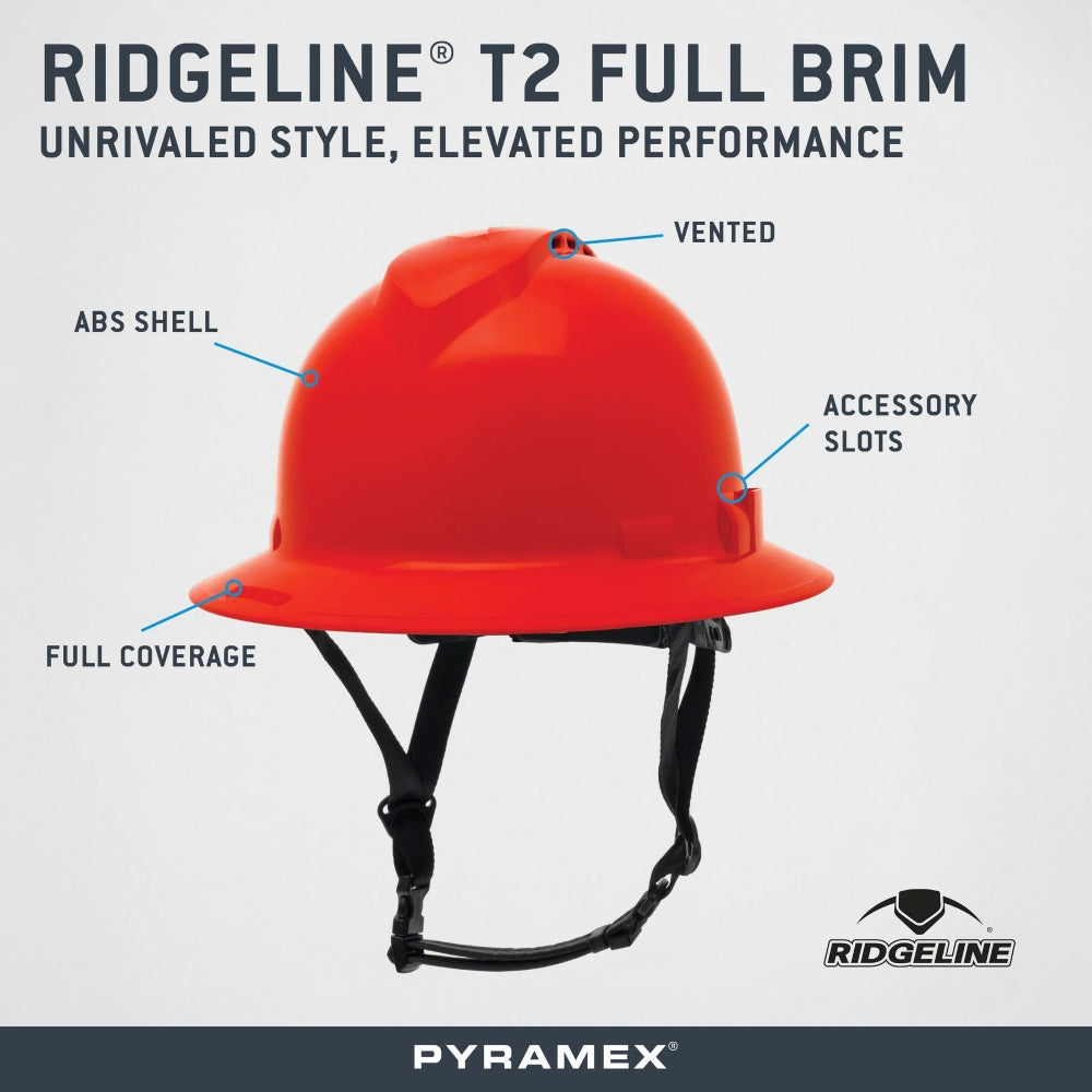 Pyramex HPT256160V Ridgeline T2 Vented Full Brim Hard Hat - 6-Point Ratchet Suspension - Red