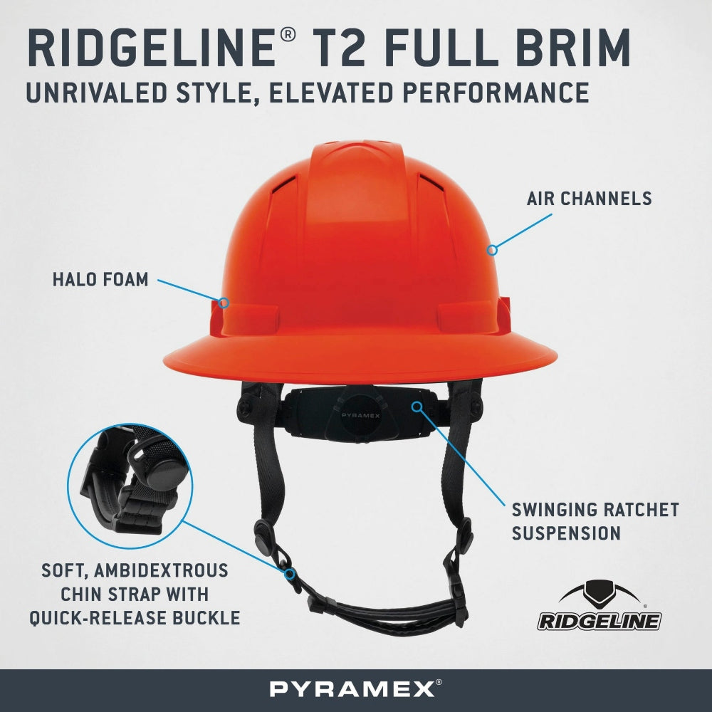 Pyramex HPT256160V Ridgeline T2 Vented Full Brim Hard Hat - 6-Point Ratchet Suspension - Red