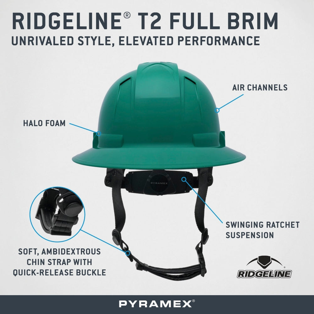 Pyramex HPT256160V Ridgeline T2 Vented Full Brim Hard Hat - 6-Point Ratchet Suspension - Green
