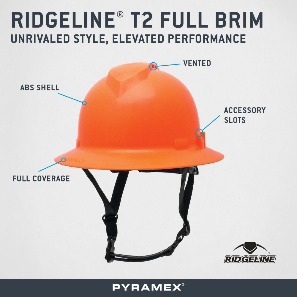 Pyramex HPT256160V Ridgeline T2 Vented Full Brim Hard Hat - 6-Point Ratchet Suspension - Hi-Vis Orange