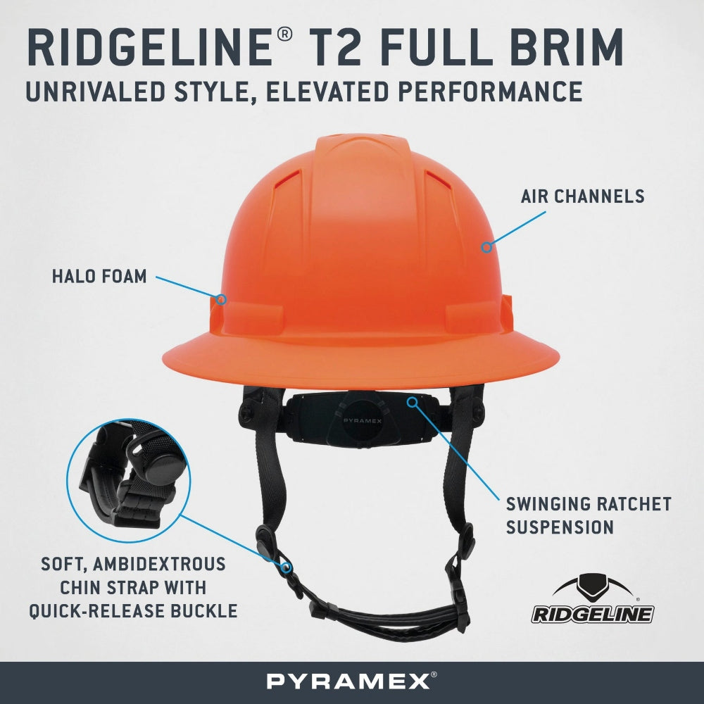 Pyramex HPT256160V Ridgeline T2 Vented Full Brim Hard Hat - 6-Point Ratchet Suspension - Hi-Vis Orange