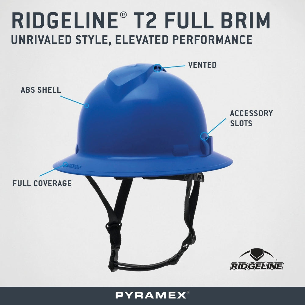 Pyramex HPT256160V Ridgeline T2 Vented Full Brim Hard Hat - 6-Point Ratchet Suspension - Blue