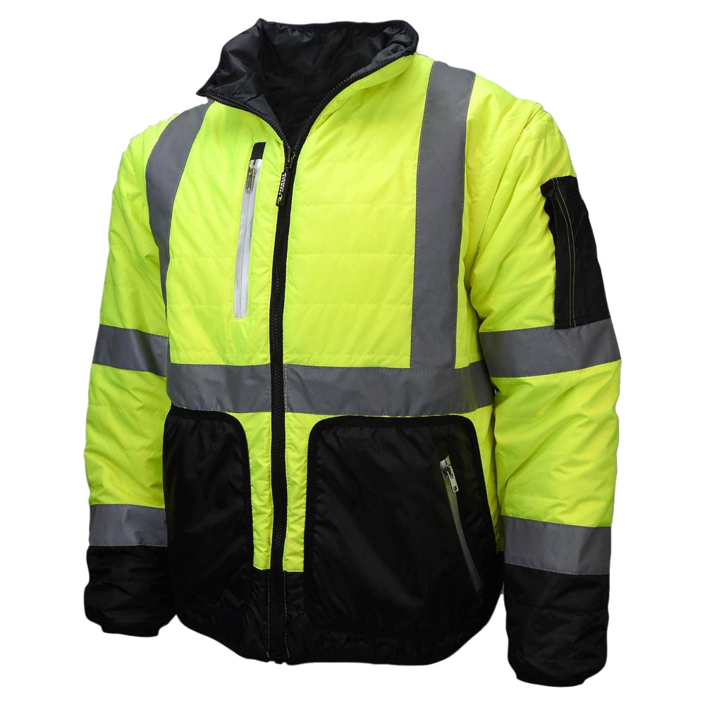 Radians SJ510 Type R Class 3 Quilted Reversible Safety Jacket - Zip-Off Sleeves - Safety Yellow/Black