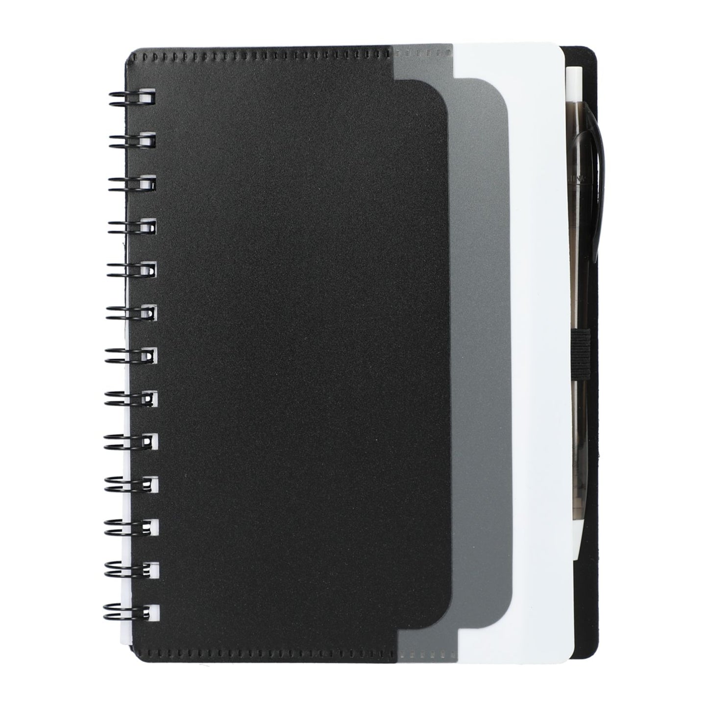 5" x 7" Recycled Dual Pocket Spiral Notebook w Pen - Black