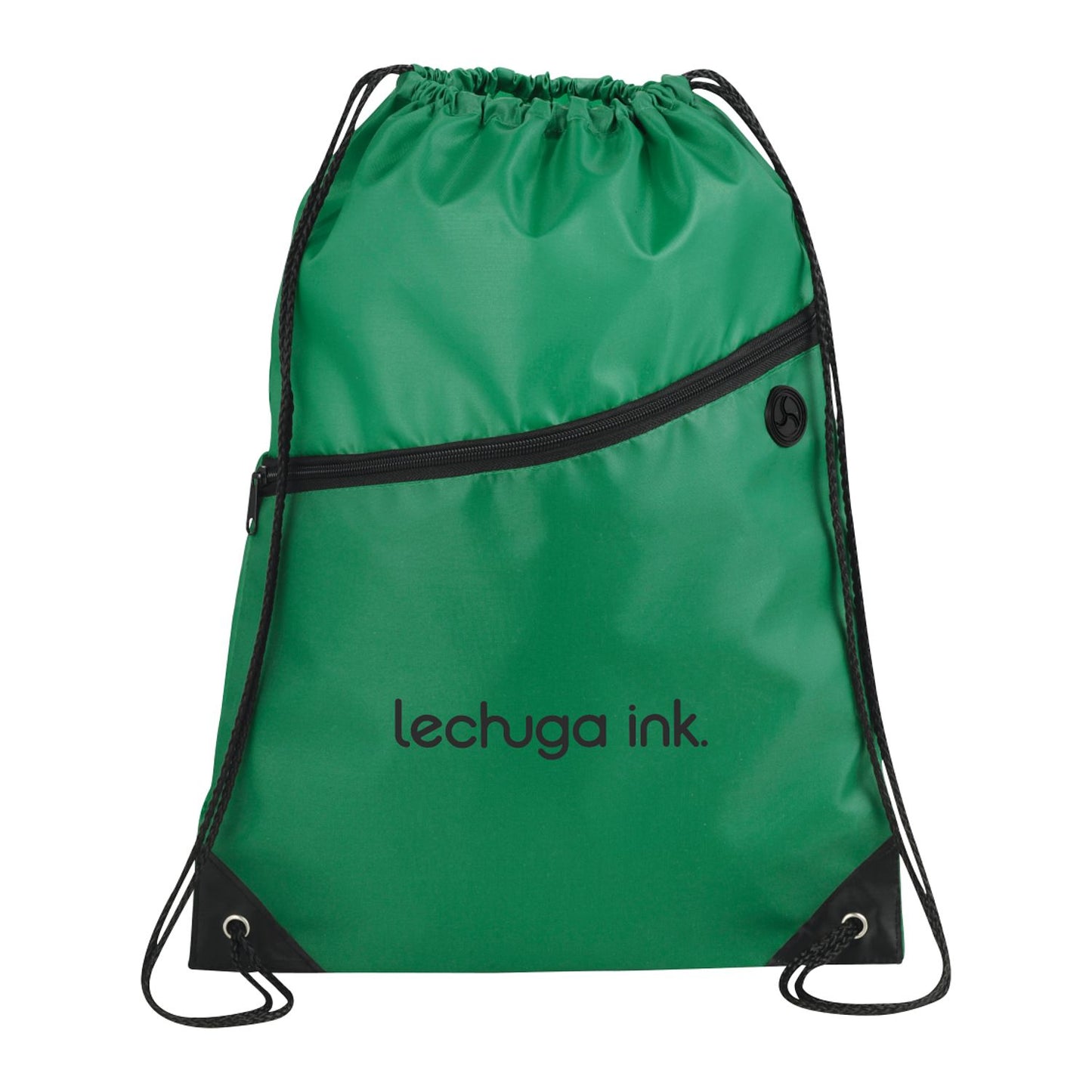 Robin Drawstring Polyester Bag with Front Zipper Pocket - Green