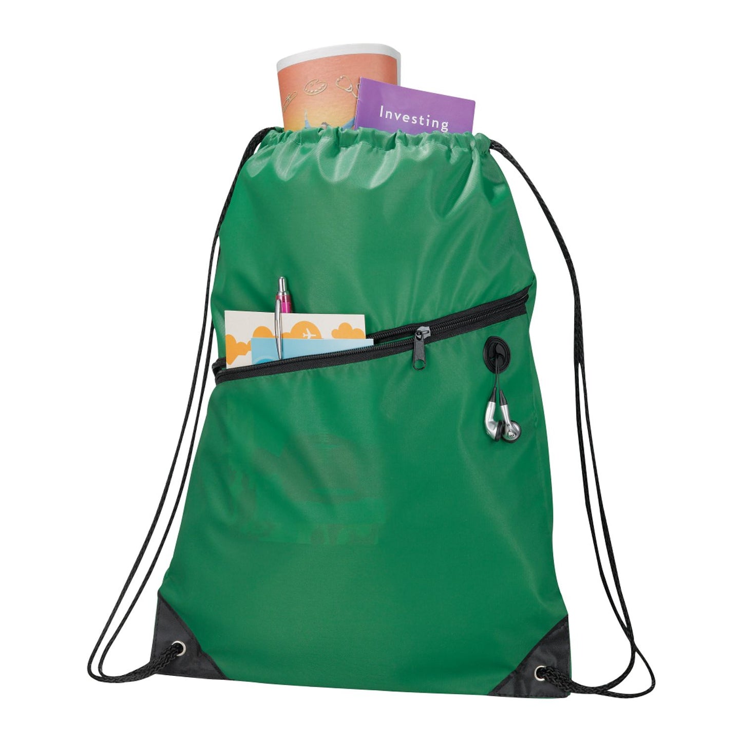 Robin Drawstring Polyester Bag with Front Zipper Pocket - Green