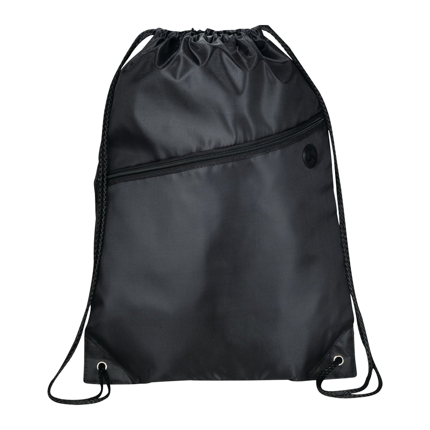 Robin Drawstring Polyester Bag with Front Zipper Pocket - Black