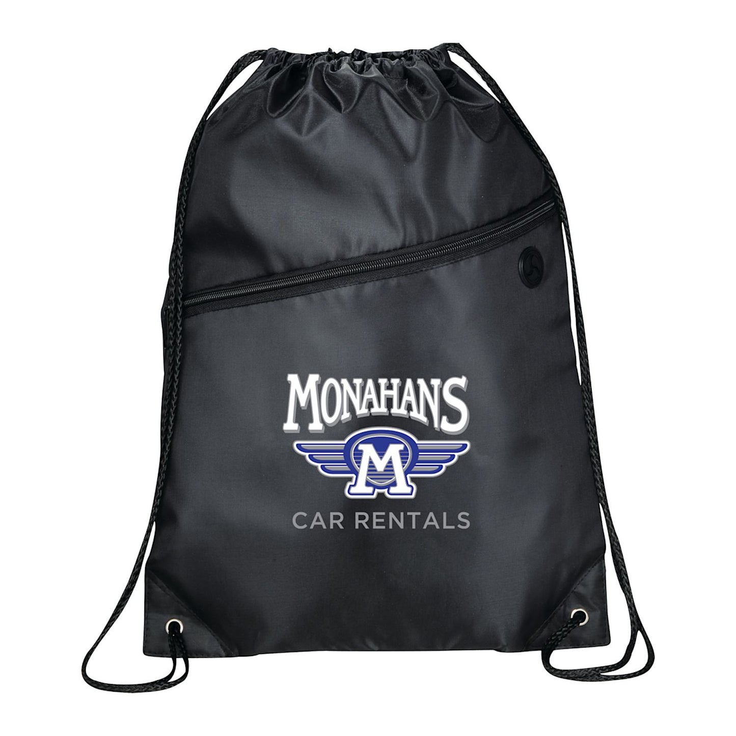 Robin Drawstring Polyester Bag with Front Zipper Pocket - Black