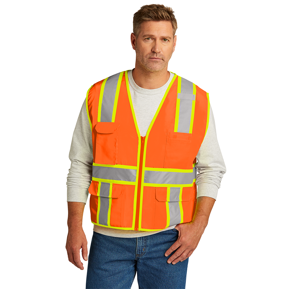 CornerStone® ANSI 107 Class 2 Surveyor Zippered Two-Tone Vest - Safety Orange