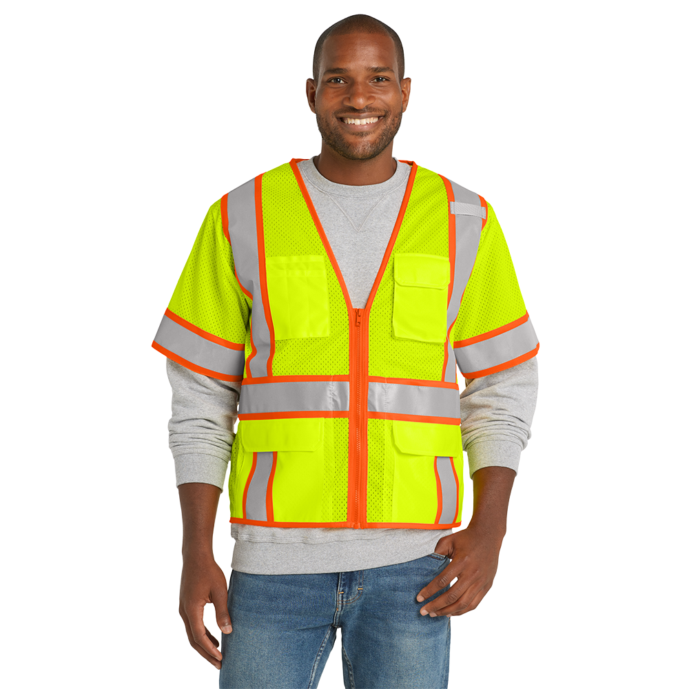 CornerStone® ANSI 107 Class 3 Surveyor Mesh Zippered Two-Tone Short Sleeve Vest - Safety Yellow