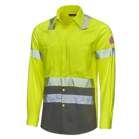 Bulwark Men's Hi-Visibility Color Block Uniform Shirt - Hi-Vis Yellow/Heather Grey