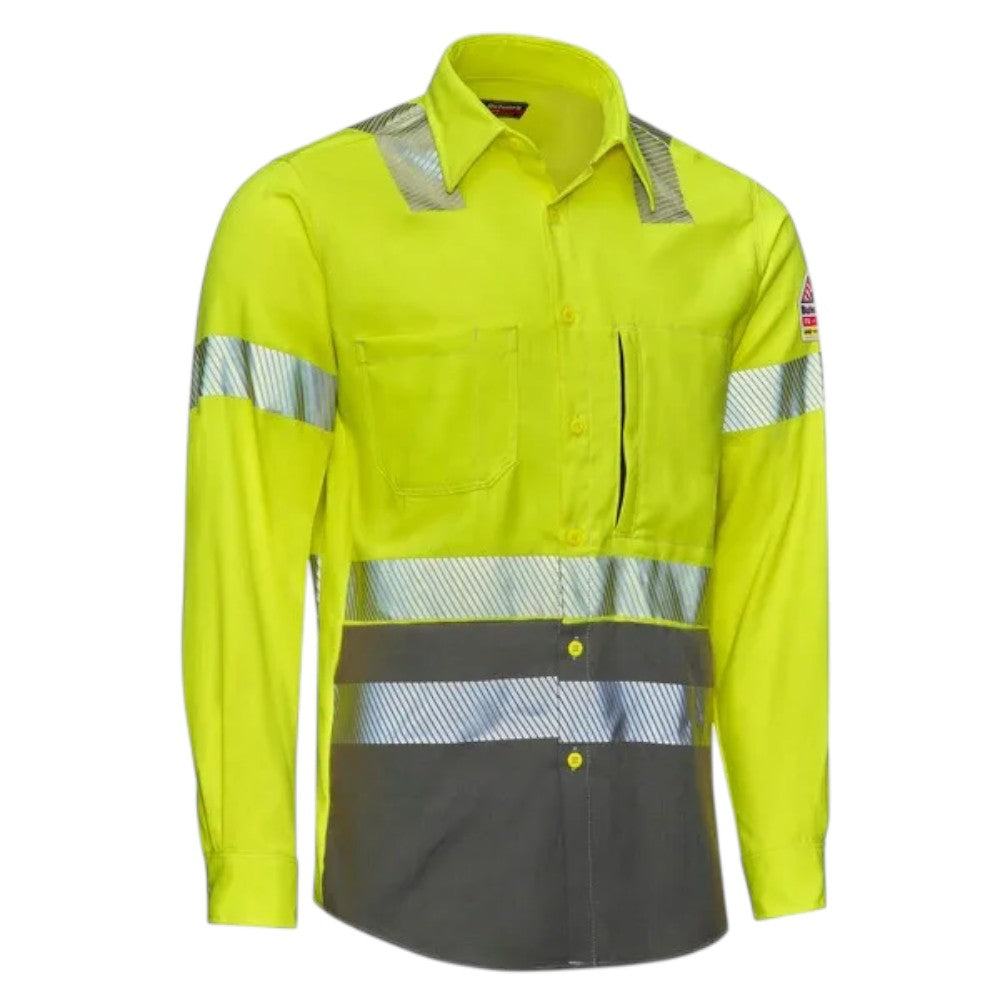 Bulwark Men's Hi-Visibility Color Block Uniform Shirt - Hi-Vis Yellow/Heather Grey