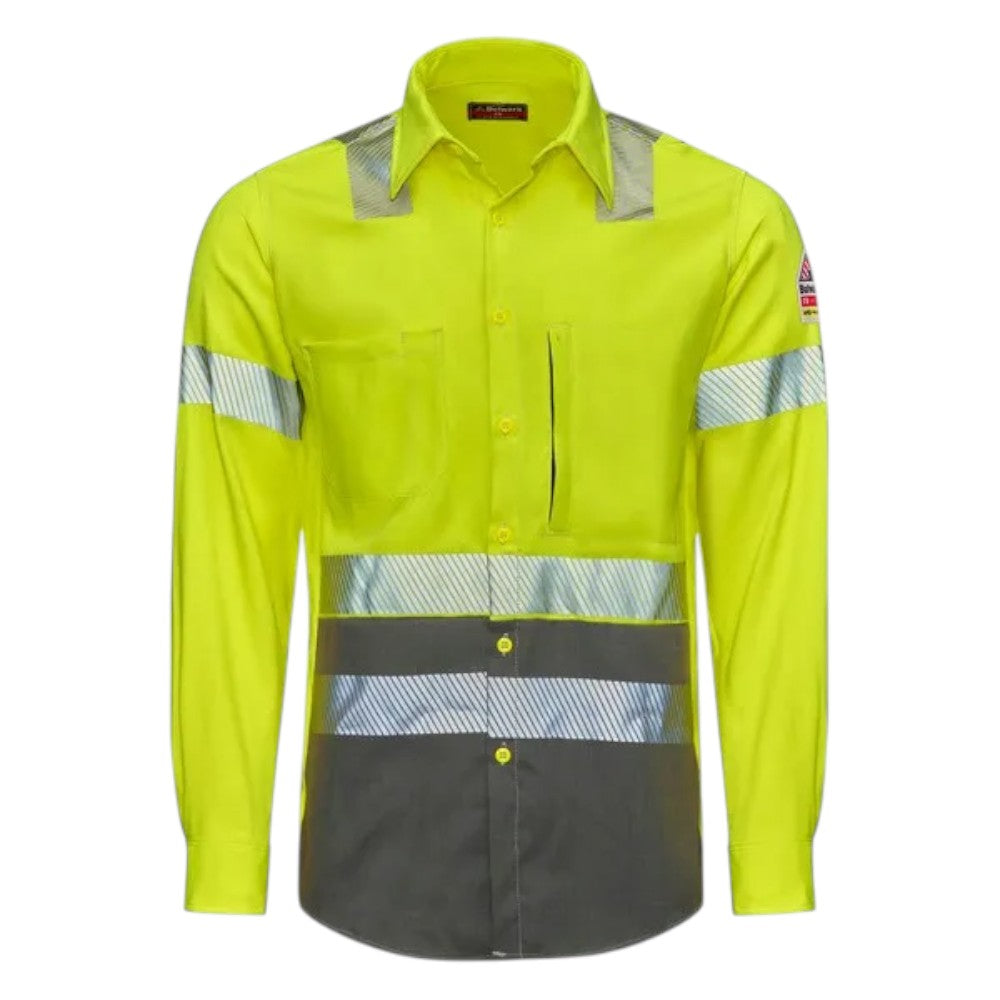 Bulwark Men's Hi-Visibility Color Block Uniform Shirt - Hi-Vis Yellow/Heather Grey