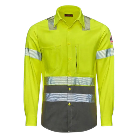 Bulwark Men's Hi-Visibility Color Block Uniform Shirt - Hi-Vis Yellow/Heather Grey